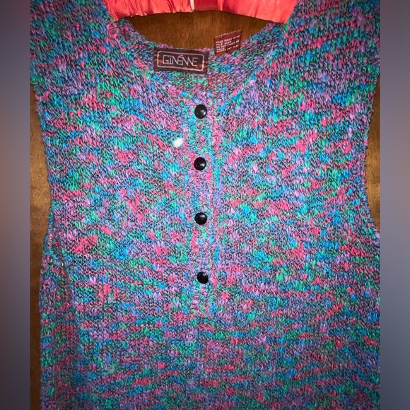Vtg Ginénne Knit Sweater Vest Button up Sleeveless 80s Multicolor Women’s Large - Picture 4 of 8